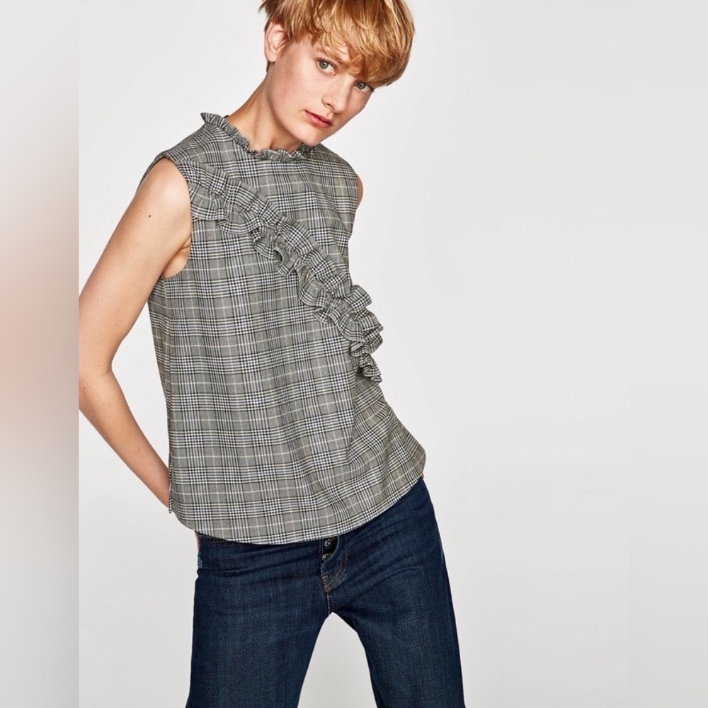 Zara Checked Sleeveless Ruffle Top, Size L